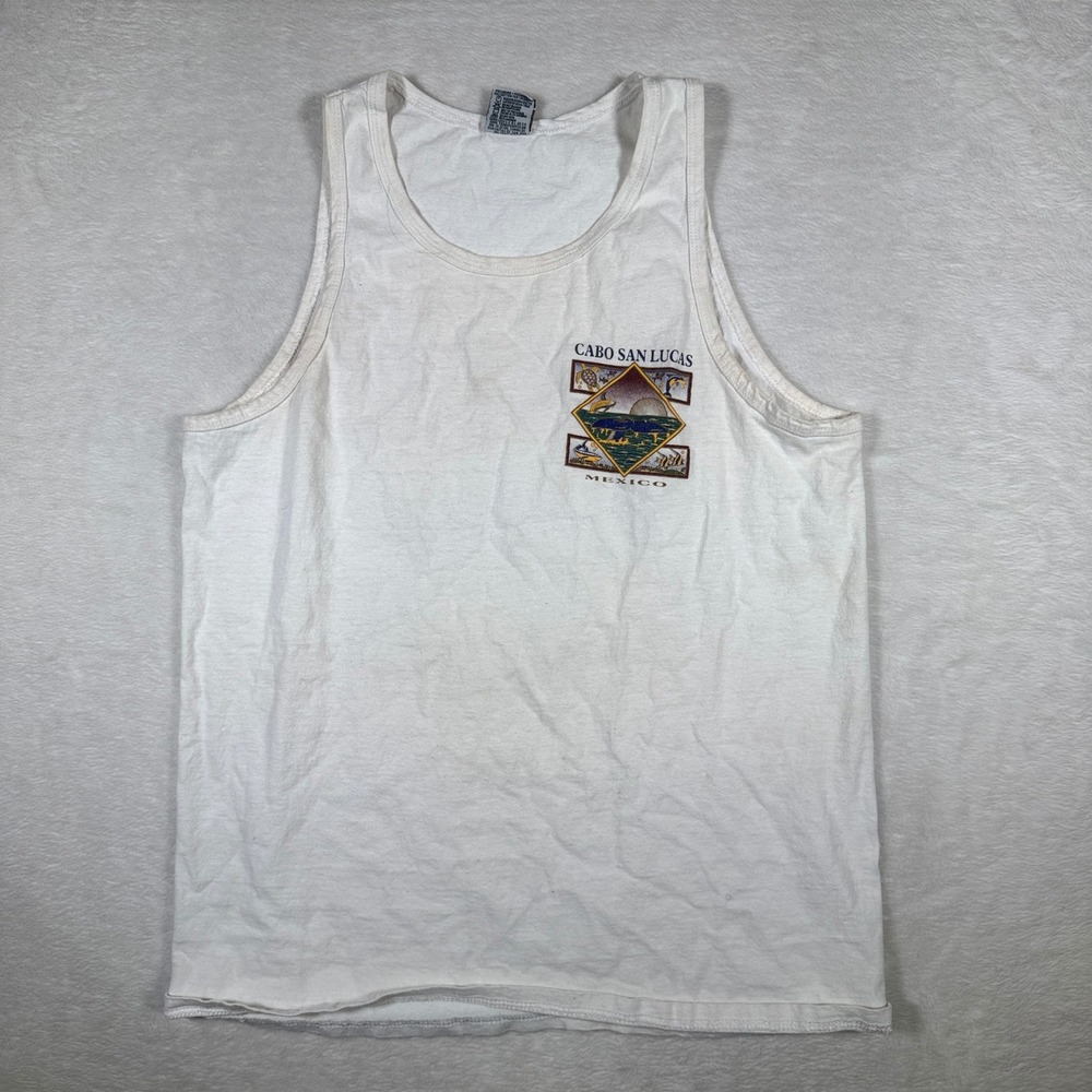 Cabo Loco Mexico Graphic Tank Top Large White Whale Dolphin Turtle Beach Mens